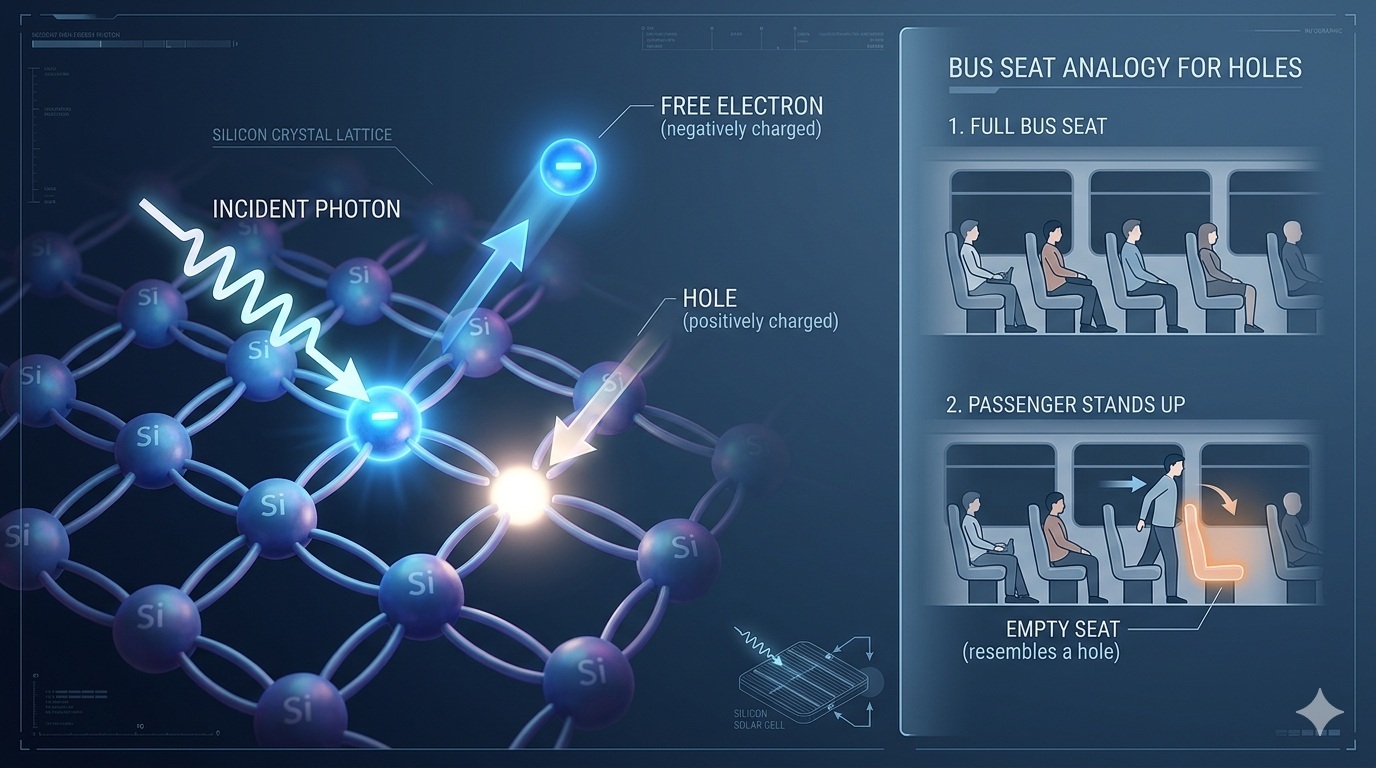 Electron-hole pair creation in a silicon solar cell with bus seat analogy